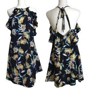 Umgee Dress Womens Small Navy Floral Bohemian Ruffled Halter Open Back‎